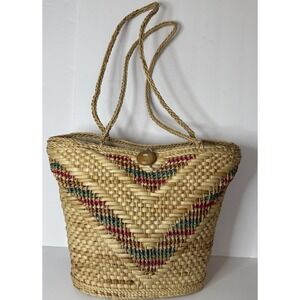 Large Straw Beach Market Bag Tote Button‎ Closure Lined Travel Vacation Resort
